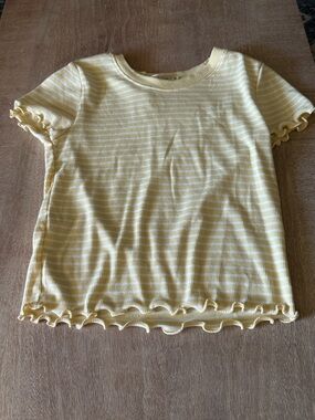 Heart Hips Yellow & White Striped Ruffle Hem Short Sleeve Top